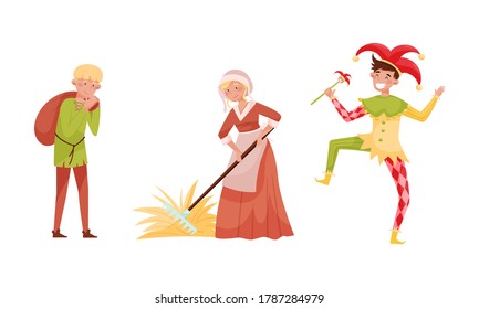 Medieval People Characters with Farmworkers and Jester Vector Set