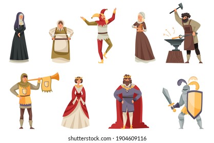 Medieval People Characters with Herald, King in Mantle and Blacksmith Vector Illustration Set