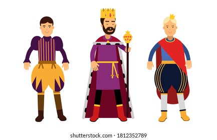 Medieval People Characters with King Wearing Mantle and Prince Vector Illustration Set