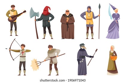 Medieval People Characters with Minstrel Holding Lute, Headsman and Monk Vector Illustration Set