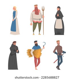 Medieval People Characters with Peasant with Hay and Pitchfork, Soldier and Priest Vector Set