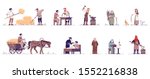 Medieval people flat vector illustrations set. Historical peasants, farmer, blacksmith, executioner, priest, doctor isolated cartoon characters with outline elements on white background