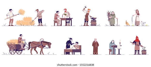 Medieval people flat vector illustrations set. Historical peasants, farmer, blacksmith, executioner, priest, doctor isolated cartoon characters with outline elements on white background