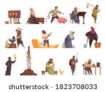 Medieval people icon set with attributes of the middle ages executions burning at stake peasants vector illustration