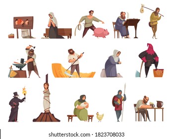 Medieval people icon set with attributes of the middle ages executions burning at stake peasants vector illustration