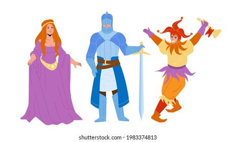 Medieval People Lady, Knight And Jester Vector. Medieval Woman Wearing Attractive Dress, Warrior In Armor Holding Sword And Funny Man. Historic Period Characters Flat Cartoon Illustration