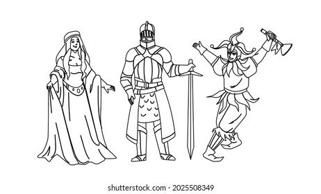 Medieval People Lady, Knight And Jester Black Line Pencil Drawing Vector. Medieval Woman Wearing Attractive Dress, Warrior In Armor Holding Sword And Funny Man. Historic Period Characters Illustration