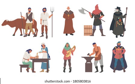 Medieval people male and female cartoon character set flat vector isolated illustration. Priest, peasants, executioner, plague doctor, blacksmith, musician, minstrel, royal courtier. Medieval clothing svg