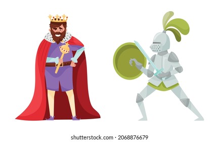 Medieval people set. King and knight European middle ages historical characters cartoon vector illustration