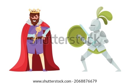 Medieval people set. King and knight European middle ages historical characters cartoon vector illustration
