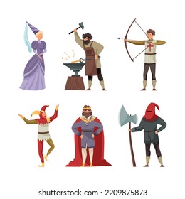 Medieval people set. Maid of honor, blacksmith, archer, jester, king, executioner cartoon vector illustration