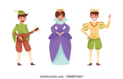 Medieval people set. Minstrel, queen and king European middle ages historical characters cartoon vector illustration