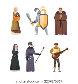 Gente medieval. Monje, campesina, doctora, minstrel, caballero, monja caricatura ilustración vectorial