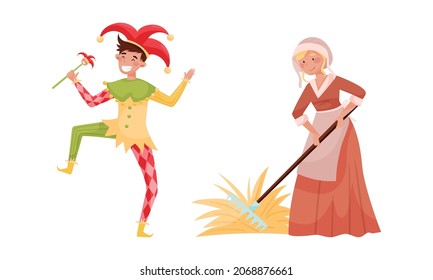 Gente medieval. Mujer campesina y bufón de la edad media europea personajes históricos caricatura vectorial