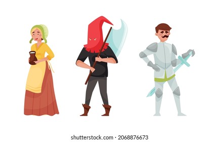 Medieval people set. Peasant woman, executioner, knight European middle ages historical characters cartoon vector illustration