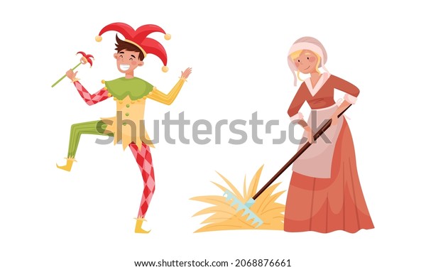 Medieval people set. Peasant woman and\
jester European middle ages historical characters cartoon vector\
illustration
