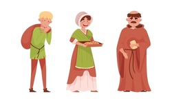 Medieval People Set. Peasants And Bishop European Middle Ages Historical Characters Cartoon Vector Illustration