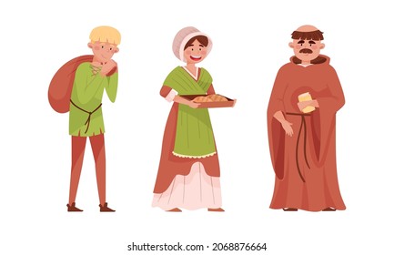 Medieval people set. Peasants and bishop European middle ages historical characters cartoon vector illustration