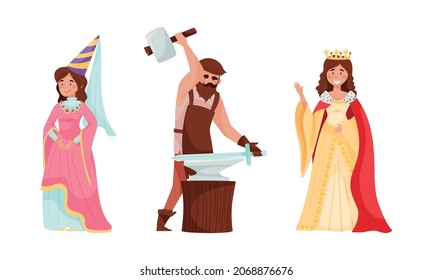 Gente medieval. Princesa, reina, herrero Europa de la Edad Media personajes históricos caricatura ilustración vectorial