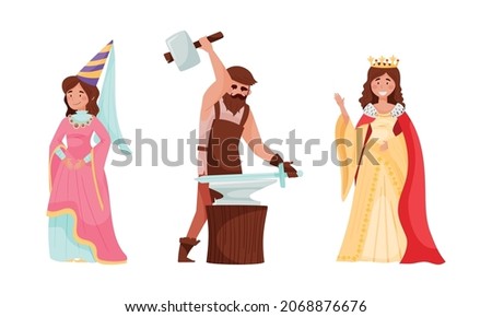Medieval people set. Princess, queen, blacksmith European middle ages historical characters cartoon vector illustration