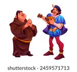 Medieval people in traditional clothing cartoon character set. Vector illustration of fat priest in brown long robe and musician in blue dress with mandolin. Ancient middle age male fairy tale person.