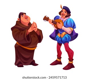 Medieval people in traditional clothing cartoon character set. Vector illustration of fat priest in brown long robe and musician in blue dress with mandolin. Ancient middle age male fairy tale person.