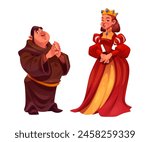 Medieval people vector. Cartoon princess and man from middle age fairytale. Fantasy renaissance queen costume. Royal person dress and young male robe isolated collection for historical carnival