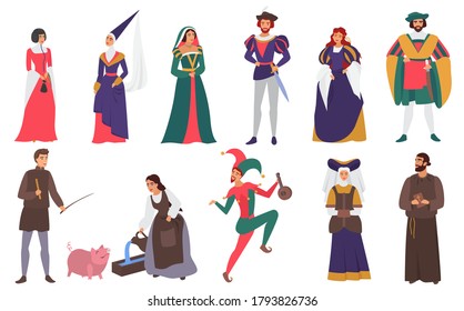 Medieval people vector illustration flat set. Cartoon medieval person history collection of man woman characters in old historical aristocrat costumes, peasant farmer, priest, jester isolated on white