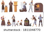 Medieval people vector illustration set. Cartoon flat historical middle ages characters collection with peasant family, blacksmith and priest, laundress, beggar in historic costumes isolated on white