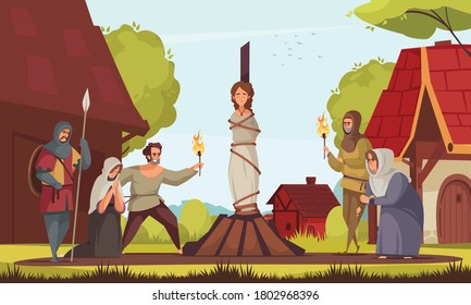 Medieval People Witch Composition Woman Tied To Stake People Came To The Execution Vector Illustration