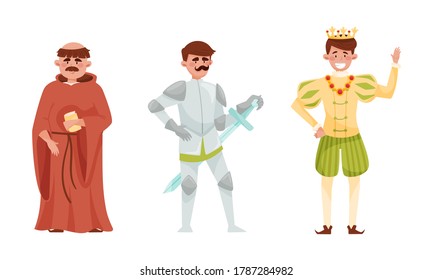Medieval People with Young Prince and Monk or Priest Vector Set