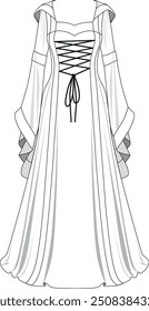 Medieval period, hooded woman's dress, Vintage Witch costume, Women's costume for Halloween,Cosplay costume template illustration, vector costume illustration drawn on white color background