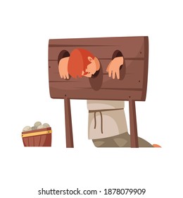 Medieval Person In Wooden Stocks On White Background Cartoon Vector Illustration
