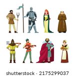 medieval persons. fairytale people peasant bard singer queen executioner punisher king knight male and female persons. Vector pictures of medieval characters