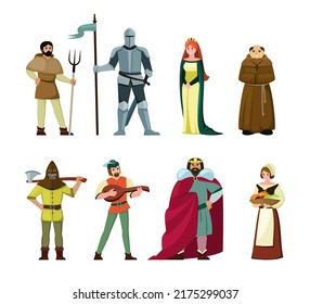 medieval persons. fairytale people peasant bard singer queen executioner punisher king knight male and female persons. Vector pictures of medieval characters