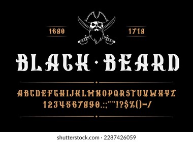 Medieval pirate corsair font, type or typeface. Western alphabet with bold and angular signs in style of adventure and danger with touch of swashbuckling flair. Vector fantasy abc letters and digits