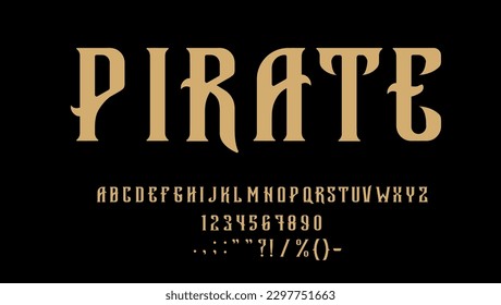 mittelalterliche Piratencreme, Schriftart oder Schriftart. Westliches Alphabet, Vektorfantasy-Bakenbuchstaben, Zeichen und Ziffern im fetten Filibuster-Stil. Großbuchstaben, Vintage-Skriptsymbole