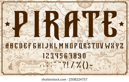 Fonte pirata medieval, tipo corsário ou fonte ocidental do alfabeto inglês, letras vetoriais. Fonte antiga aventura em estilo de mapa de piratas com caribenho ou letras mediterrânicas ABC para fonte tipográfica