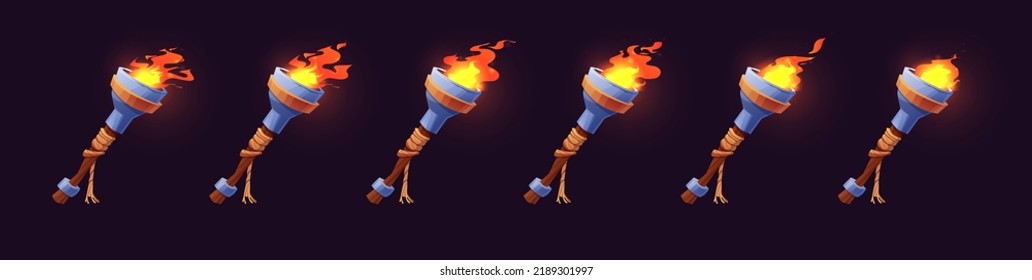 Medieval or pirate wooden torch with burning fire and flames. Animation sprites set for game. Flambeau. Cartoon vector illustration.