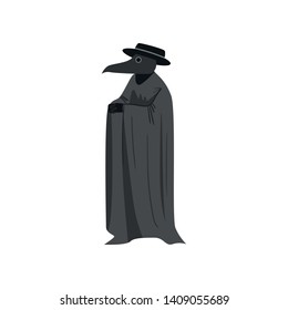 Medieval plague doctor with black hat and long textile coat