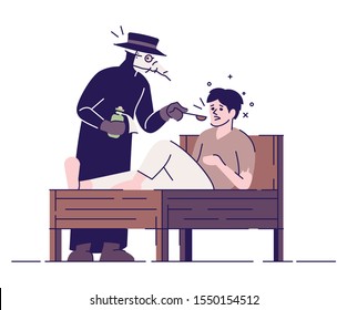 Medieval plague doctor and patient flat vector illustration. Middle age practitioner treating sick man isolated cartoon characters with outline elements on white background. Acient medical treatment