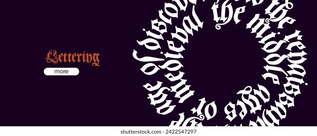 Medieval Polish blackletter calligraphy on circle line. 15th century Schwabacher Gothic type web banner. Ornamental frame with old German lettering composition pattern. Vector template with initials.