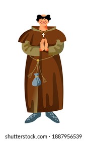 Medieval Priest Or Bishop Character. Religious Man Standing And Praying In Middle Ages Period Vector Illustration. Smiling Man With Hands Together Isolated On White Background.