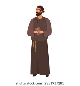 Medieval priest man. Monk in middle ages, monastery friar in medieval society cartoon vector illustration