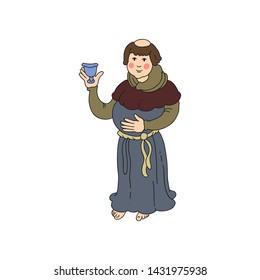 Medieval priest man with silver wine cup is drinking