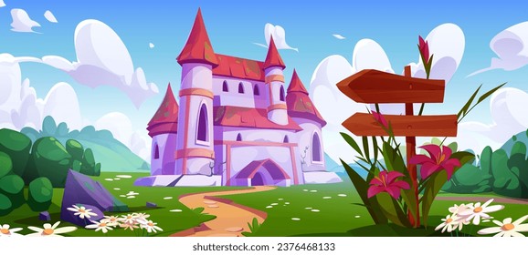 Medieval princess castle fairytale landscape background. Signboard arrow on road near kingdom mansion. Fantasy king palace for summer story. Fantastic game nature environment with tower scene svg
