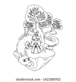 Medieval princess and dragon of fairytale design