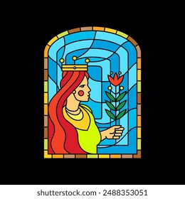 Medieval princess with flower colorful stained glass window. Colored gothic mosaic decoration for interior. Vector illustration.