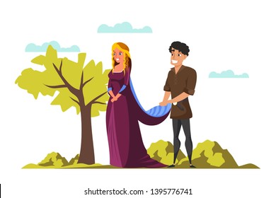 Medieval princess and prince flat vector illustration. Romantic fairytale cartoon characters in historical costumes. Royal family. Knight and lady of heart. Banner, poster, isolated design element