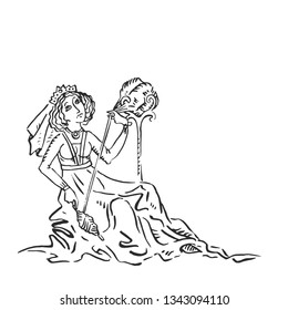 Medieval princess or queen spins yarn with spindle sad beauty illuminated manuscript ink drawing hard work and textile crafts history European middle ages vector illustration isolated on white
